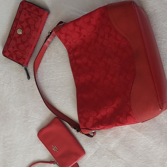 Coach Handbags - 👜HP👜 Coach F12883 Red Signature Jacquard Canvas & Leather Bag/Wallet/Wristlet